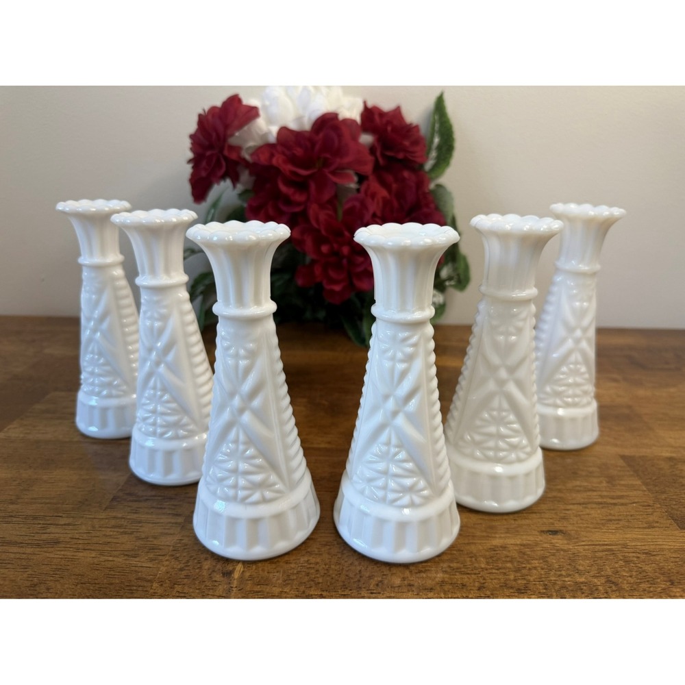 Vintage Milk Glass Bud Vases Anchor Hocking Stars and Bars Pattern Wedding
